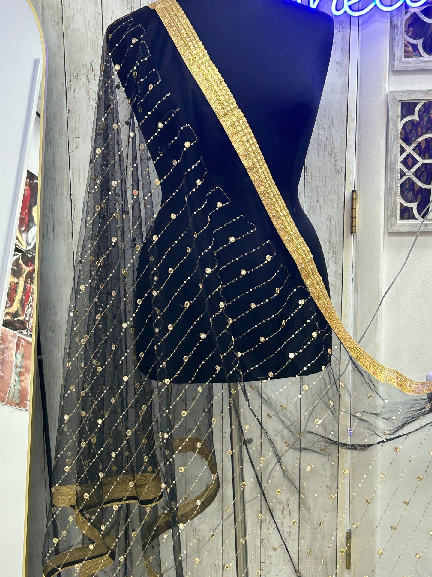 Black foil mirror work dupatta by Kurti Connection USA
