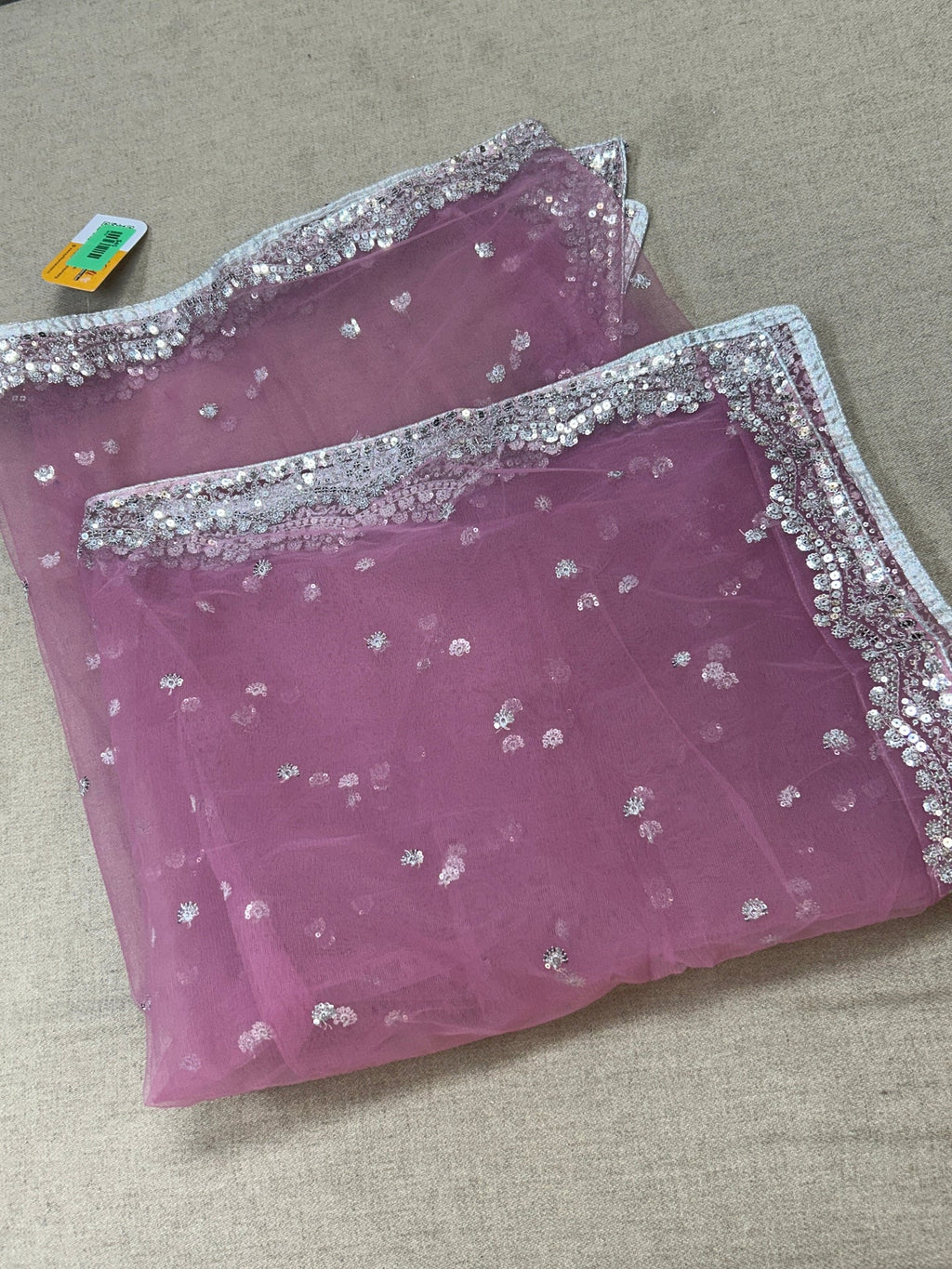 Light pink net dupatta with silver sequin border by Kurti Connection USA