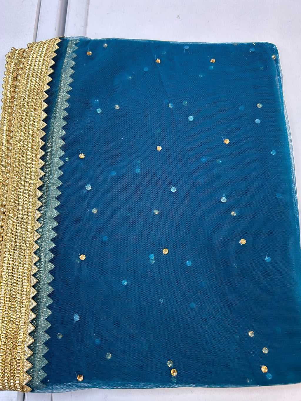Blue net duppata with heavy lace
