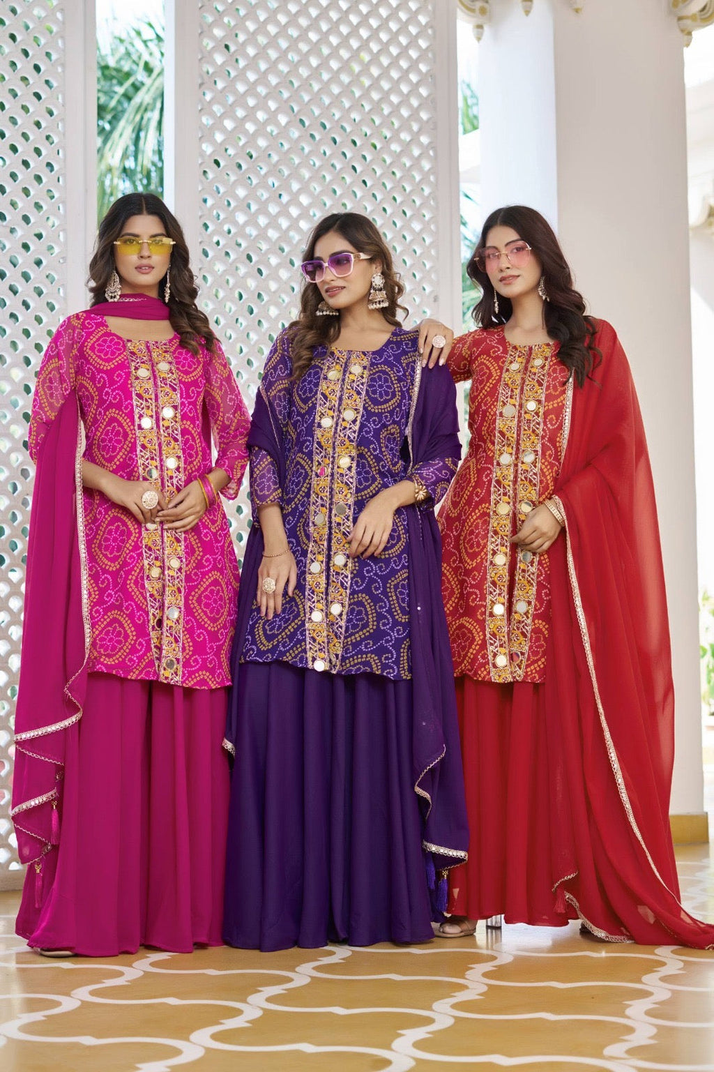 Chiffon Bandhani sharara suit by Kurti Connection USA