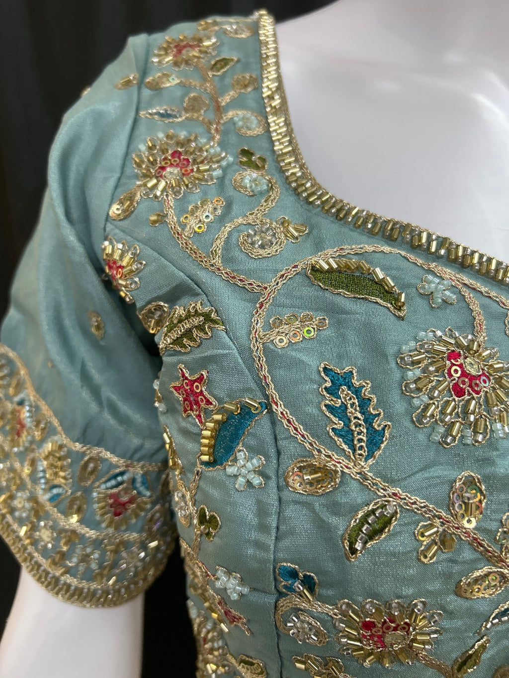 Hand embroidered blouse | tissue silk blouse with all over hand embroidery by Kurti Connection USA