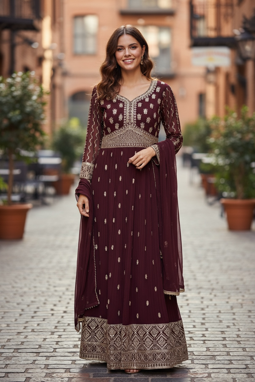 Party wear long gown : wine color