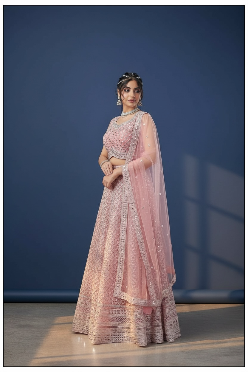 Blush Pink Lehenga Choli - Wedding Party Wear Set by Kurti Connection USA