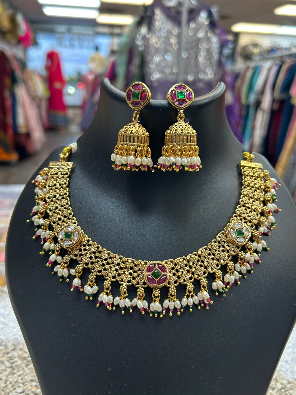 Gold polished necklace set by Kurti Connection USA