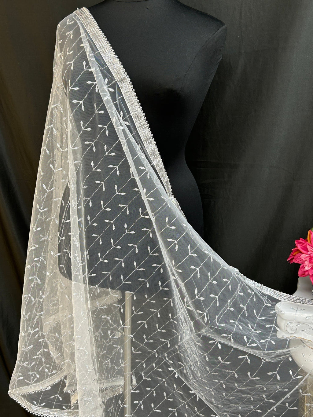 Silver color embroidered dupatta