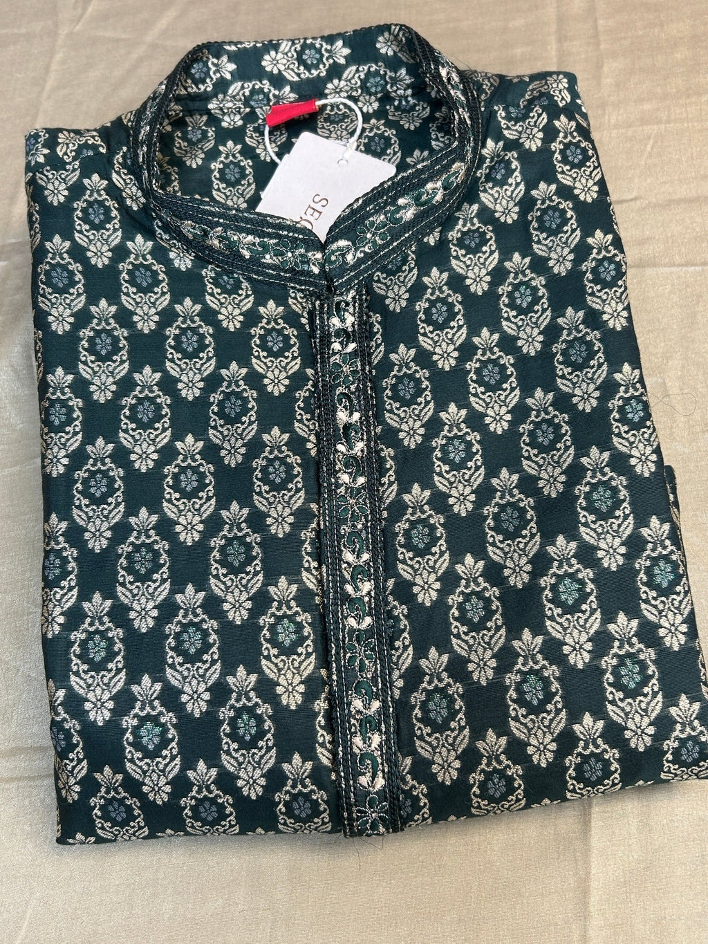 Dark green brocade kurta pajama by Kurti Connection USA