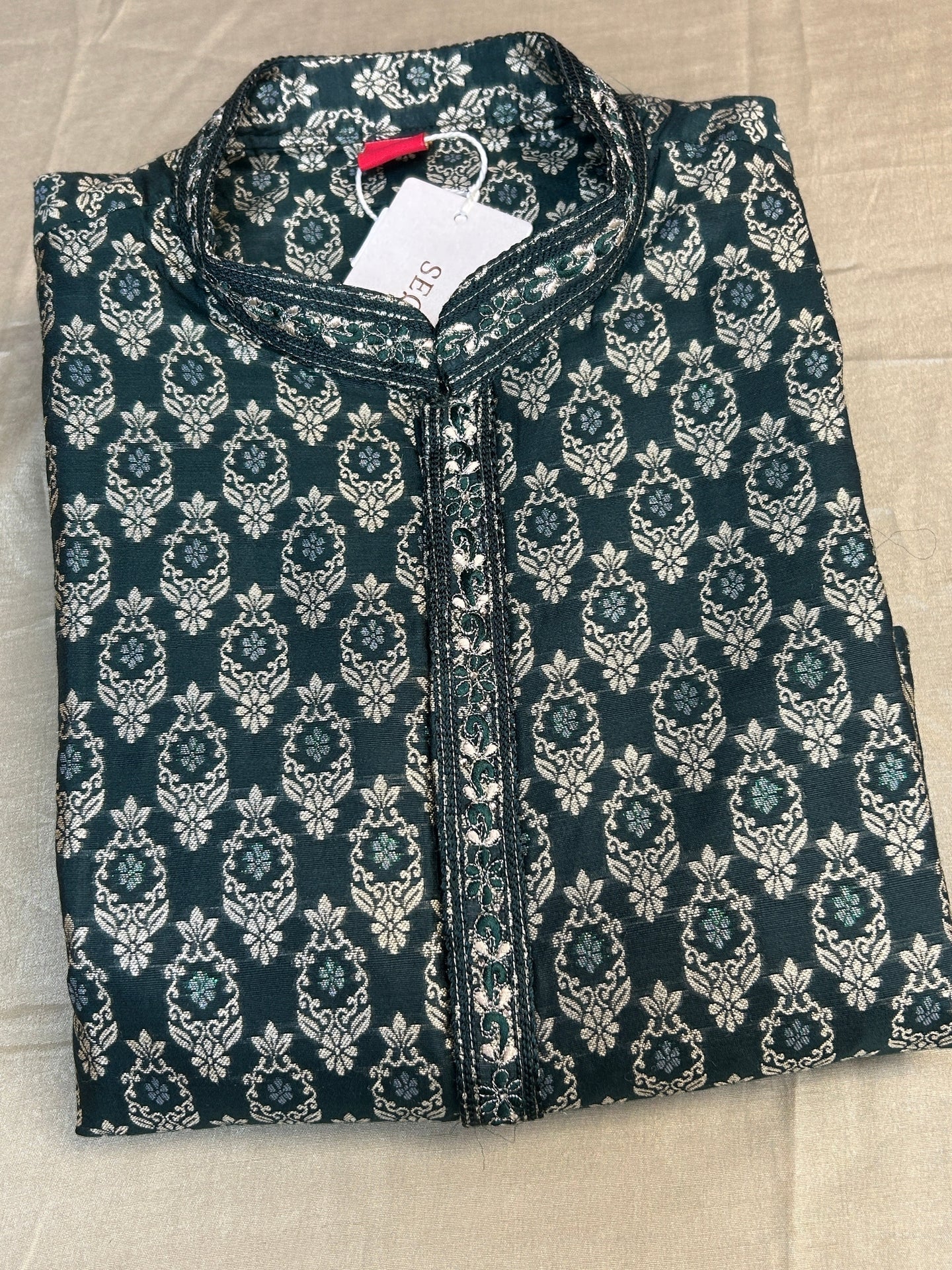Dark green brocade kurta pajama by Kurti Connection USA