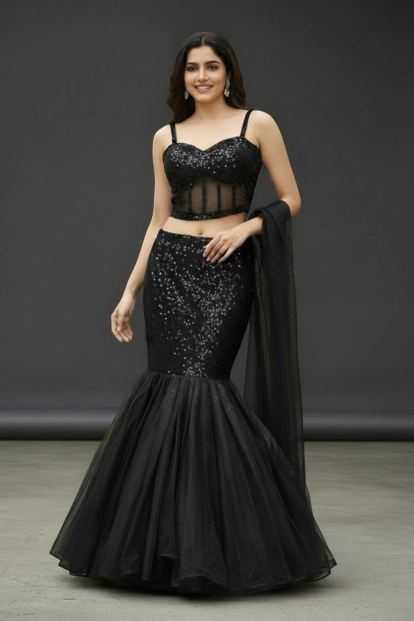Black shimmer lehenga with corset blouse