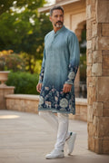 House Of Indian Wedding Attire men's teal and navy blue gradient kurta with elephant and floral embroidery. Band collar, button placket, long sleeves.
