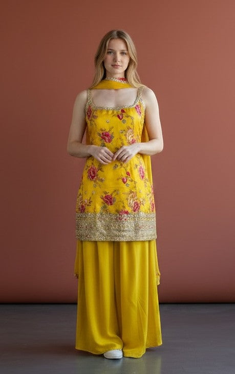 Sleeveless yellow sharara suit