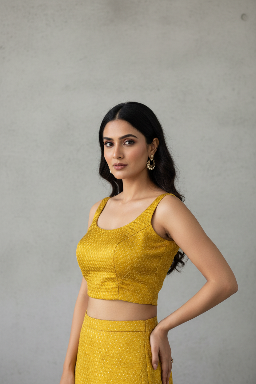 Mustard yellow sleeveless blouse by Kurti Connection USA