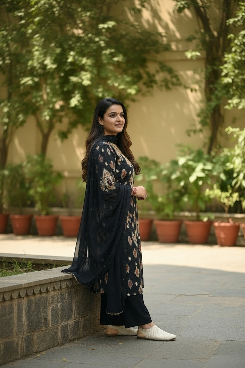Kurti Connection USA black printed kurta with pants and dupatta set, featuring intricate neckline detailing and a sheer dupatta.