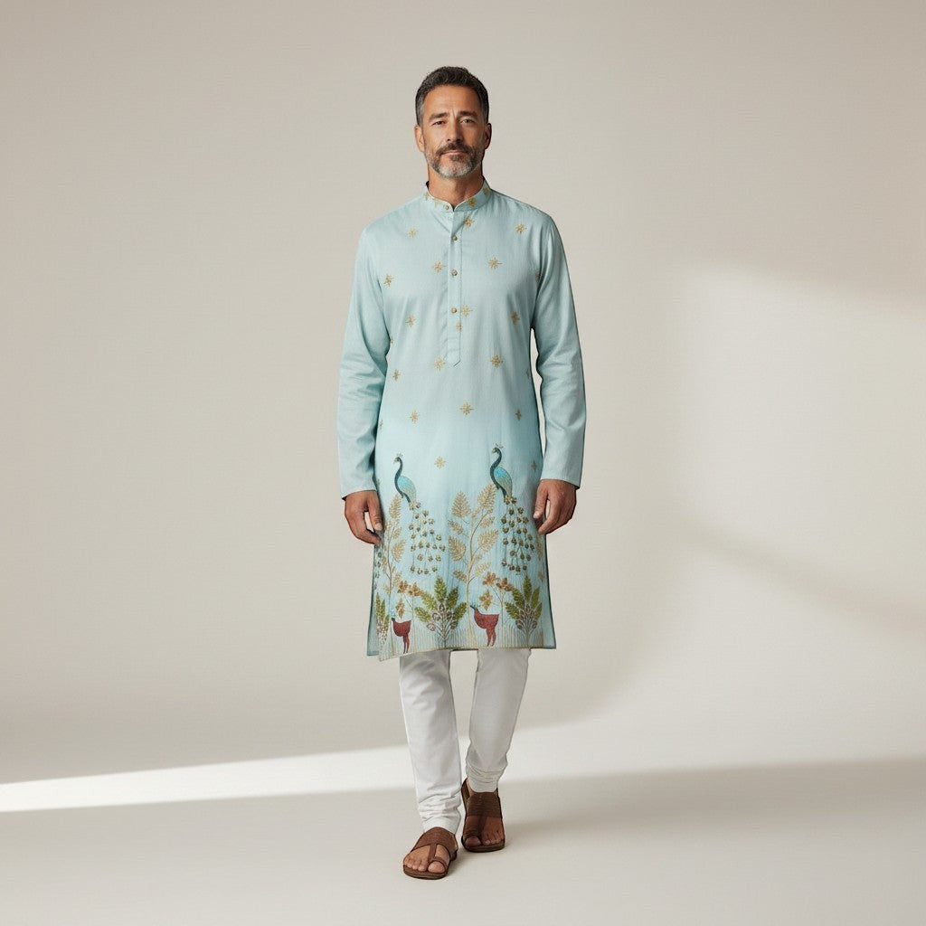 Kurti Connection USA light blue silk kurta set with intricate peacock embroidery and gold accents, paired with white pajama.