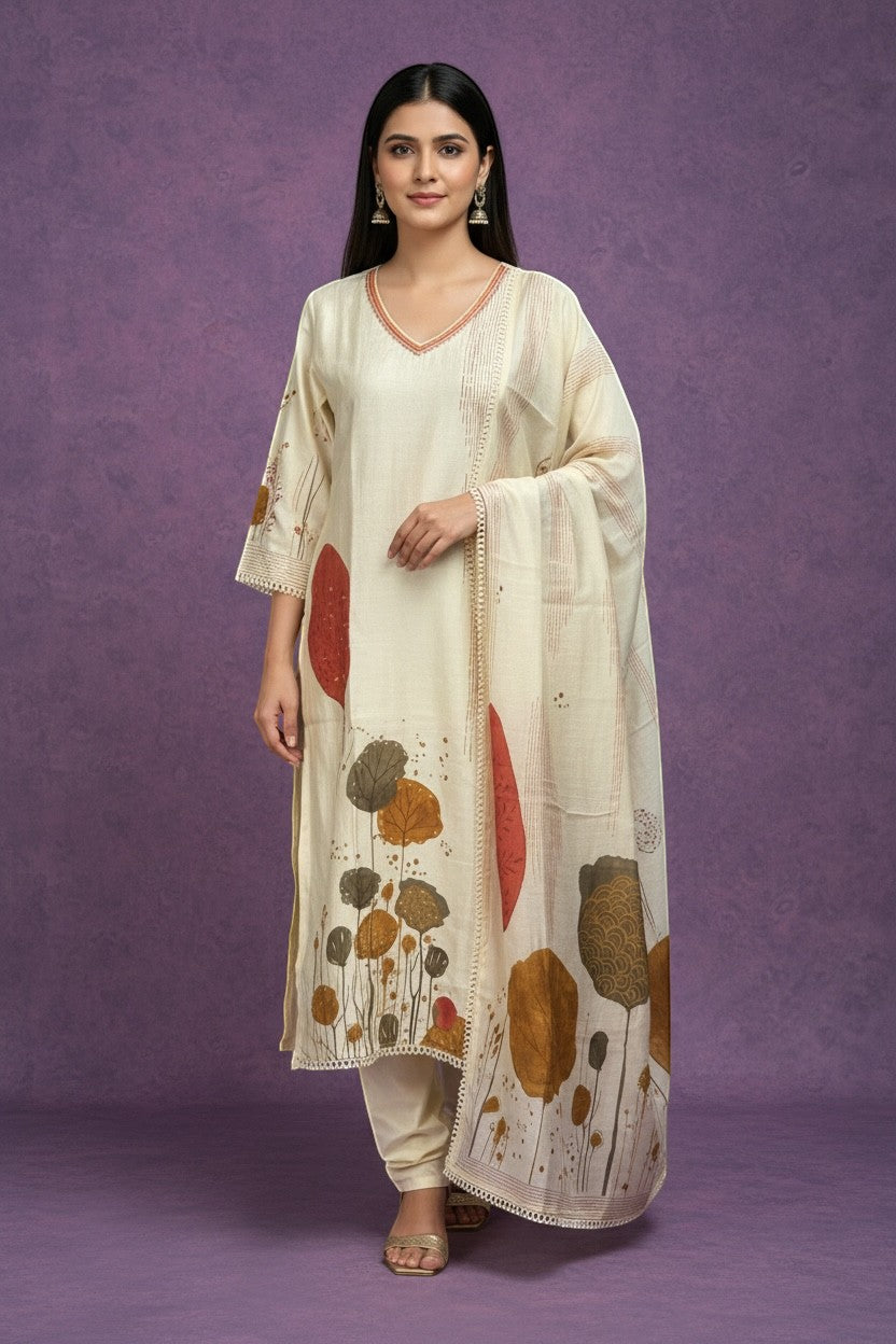 Kurti Connection USA cream botanical print kurta set with dupatta, featuring V-neck and lace trim. Earthy tones of rust, brown, ochre.