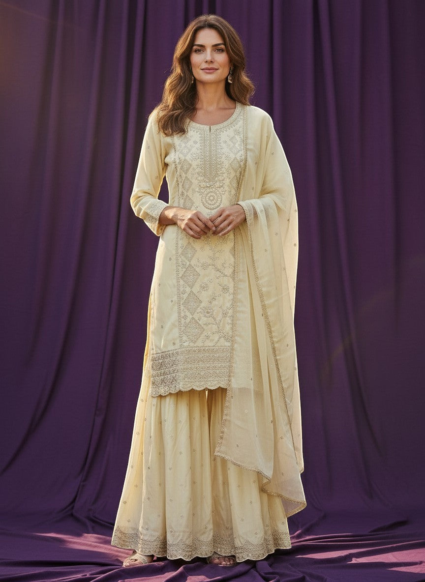 Kurti Connection USA cream silk blend kurti sharara set with silver embroidery and sequin dupatta.