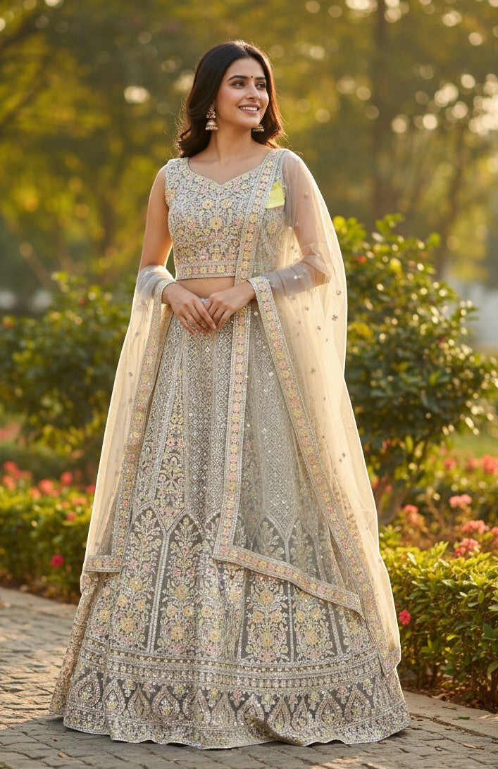 Kurti Connection USA grey embellished lehenga choli with dupatta, intricate embroidery and sparkling details, suitable for special occasions.
