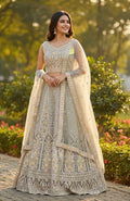 Kurti Connection USA grey embellished lehenga choli with dupatta, intricate embroidery and sparkling details, suitable for special occasions.