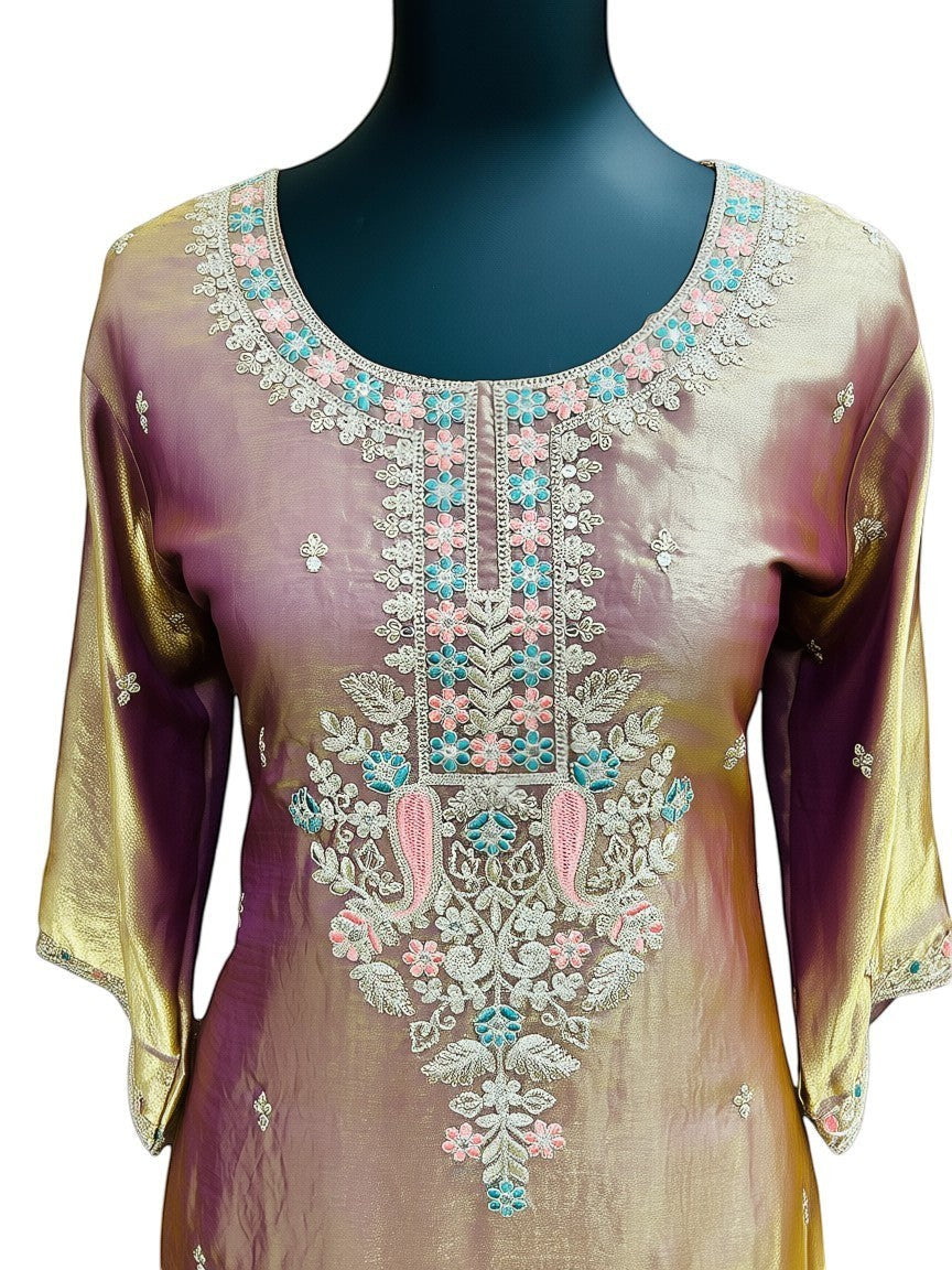 Kurti Connection USA mauve silk kurti with intricate floral embroidery and gold accents. Three-quarter sleeves with embroidered cuffs.
