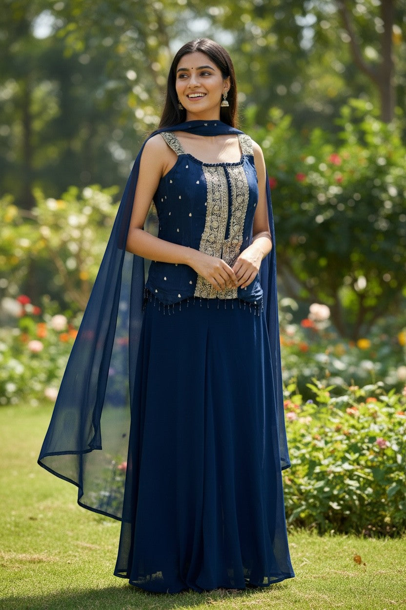 Kurti Connection USA navy blue georgette blend sleeveless palazzo suit with gold embroidery and sheer scarf.