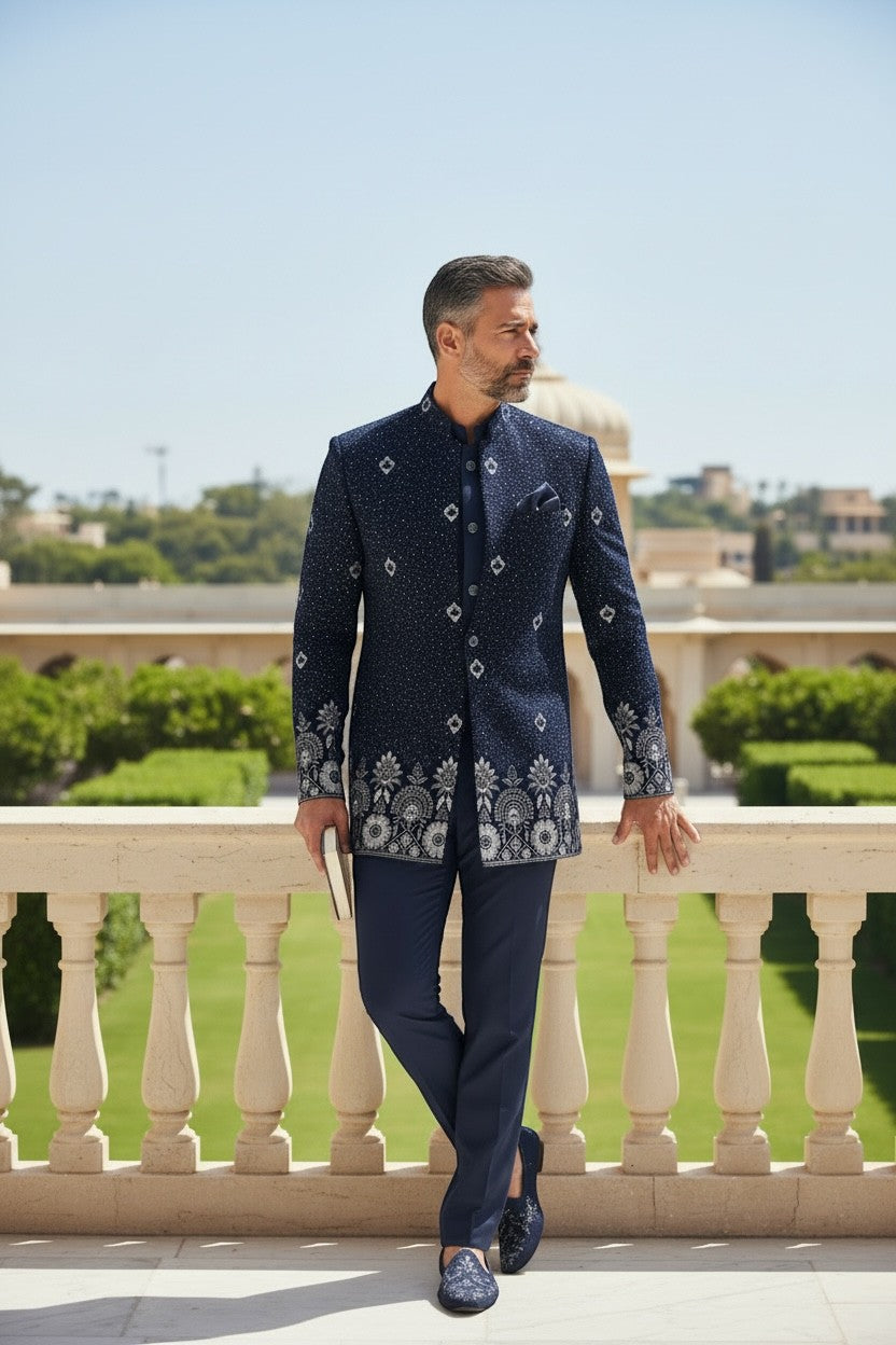 Kurti Connection USA navy blue embroidered Bandhgala suit with silver and white floral embroidery on collar, cuffs, and hem. Model wears tailored fit.